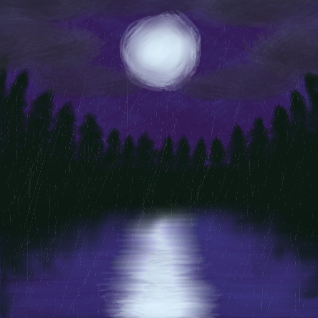 a painting depicting a full moon at night in the middle of a rainstorm. the clouds part to let the moon shine down, onto a large lake that stretches out the moonlight and reflects the ring of dark trees that surround it.